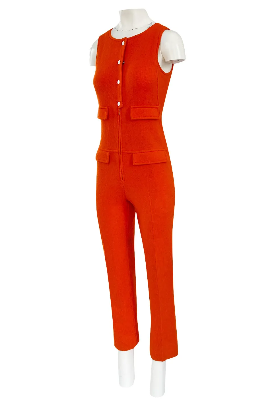 Rare 1970s Courreges Hyperbole Bright Orange Wool Jumpsuit & Matching Cropped Jacket