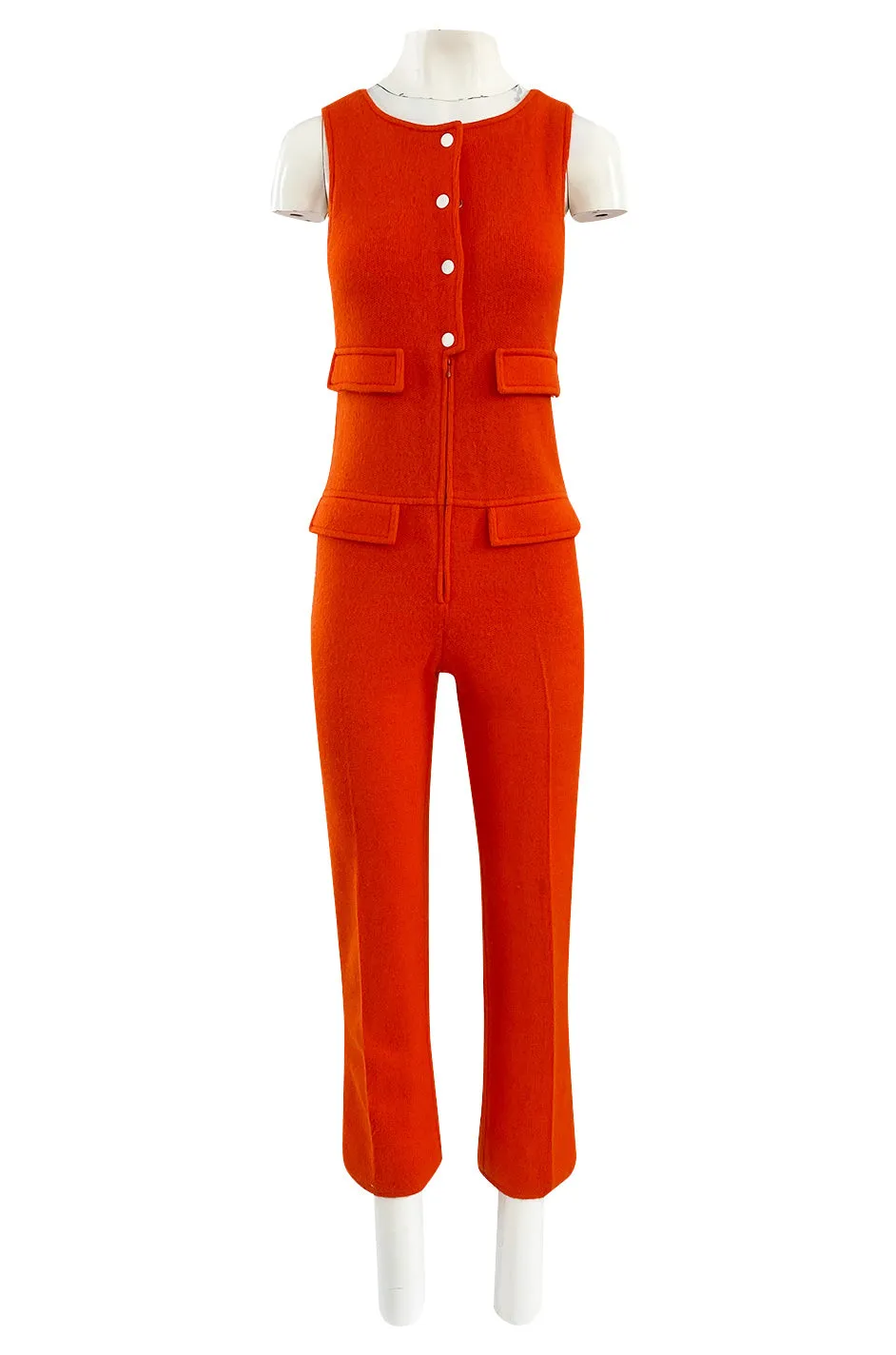 Rare 1970s Courreges Hyperbole Bright Orange Wool Jumpsuit & Matching Cropped Jacket