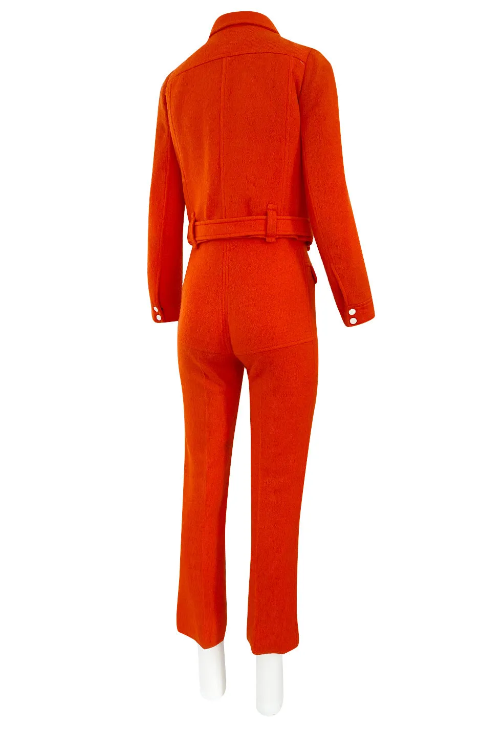 Rare 1970s Courreges Hyperbole Bright Orange Wool Jumpsuit & Matching Cropped Jacket