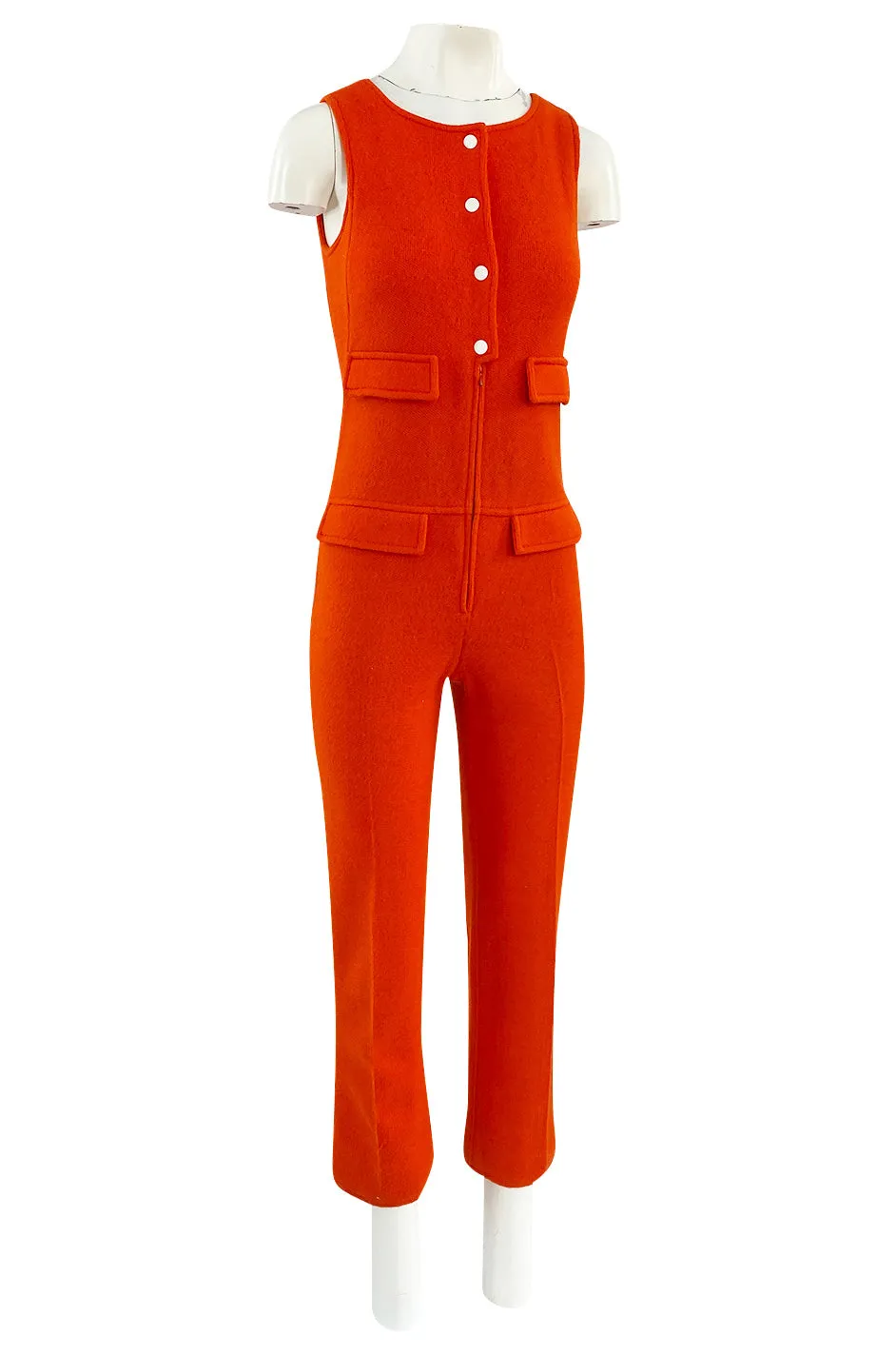 Rare 1970s Courreges Hyperbole Bright Orange Wool Jumpsuit & Matching Cropped Jacket