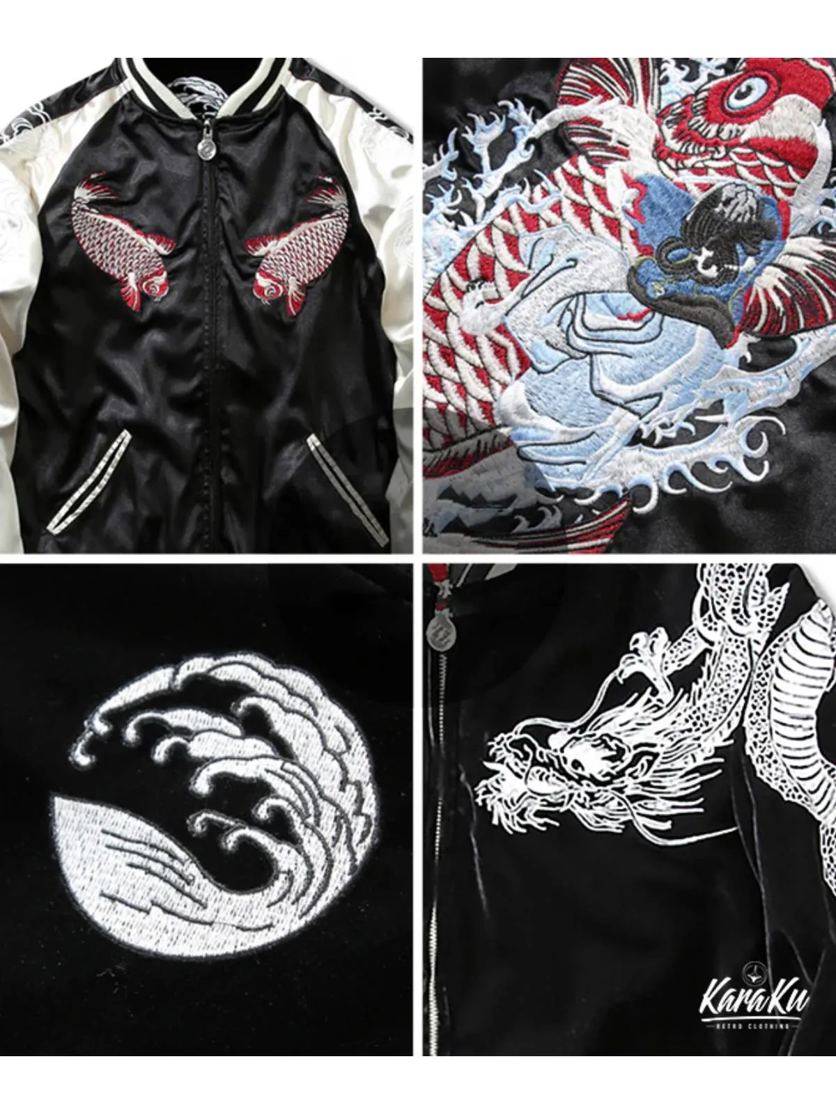 Reversible "Red Koi & White Dragon" Ukiyo-e Embroidered Sukajan