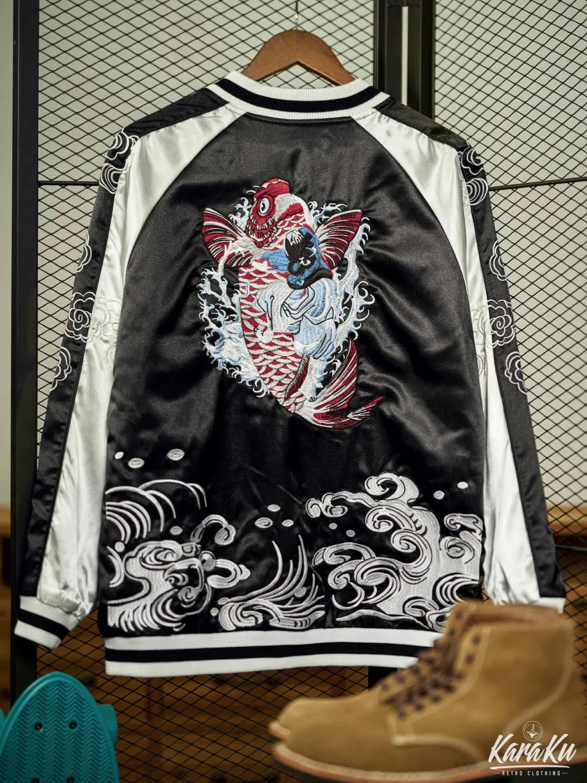 Reversible "Red Koi & White Dragon" Ukiyo-e Embroidered Sukajan