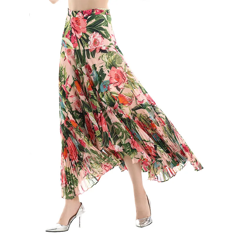 S069-2 Women floral print panelled asymmetric pleated ruffle long flare skirt