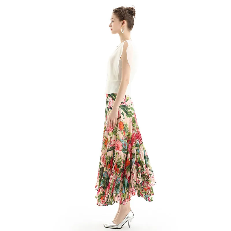 S069-2 Women floral print panelled asymmetric pleated ruffle long flare skirt
