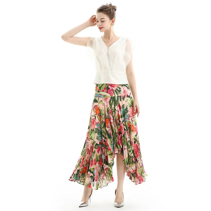 S069-2 Women floral print panelled asymmetric pleated ruffle long flare skirt