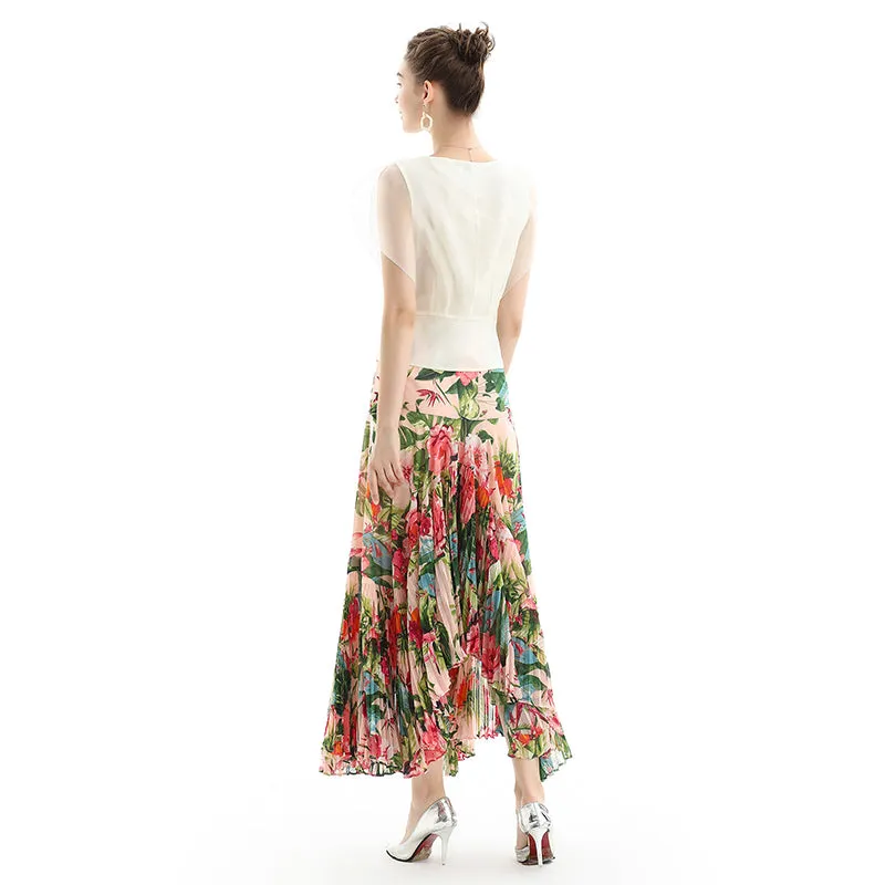 S069-2 Women floral print panelled asymmetric pleated ruffle long flare skirt