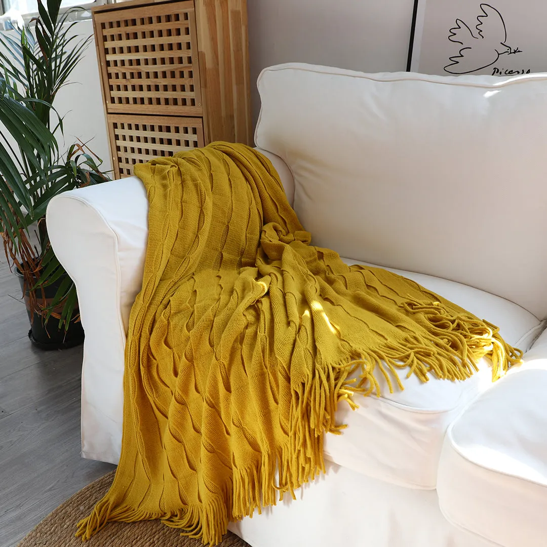SOGA 2X Mustard Textured Knitted Throw Blanket Warm Cozy Woven Cover Couch Bed Sofa Home Decor with Tassels