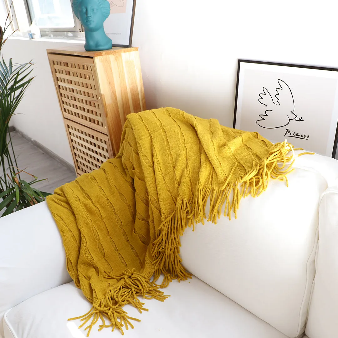 SOGA 2X Mustard Textured Knitted Throw Blanket Warm Cozy Woven Cover Couch Bed Sofa Home Decor with Tassels