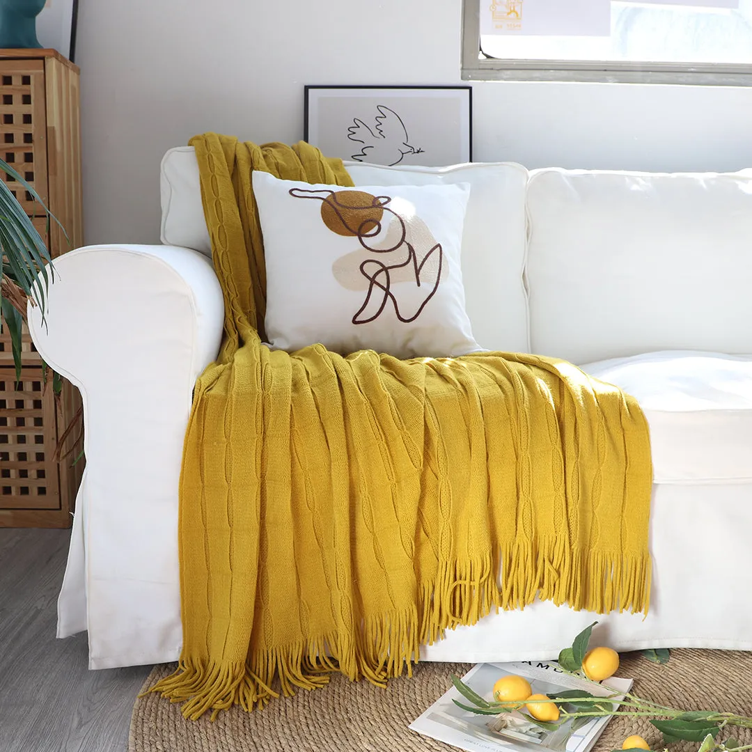 SOGA 2X Mustard Textured Knitted Throw Blanket Warm Cozy Woven Cover Couch Bed Sofa Home Decor with Tassels