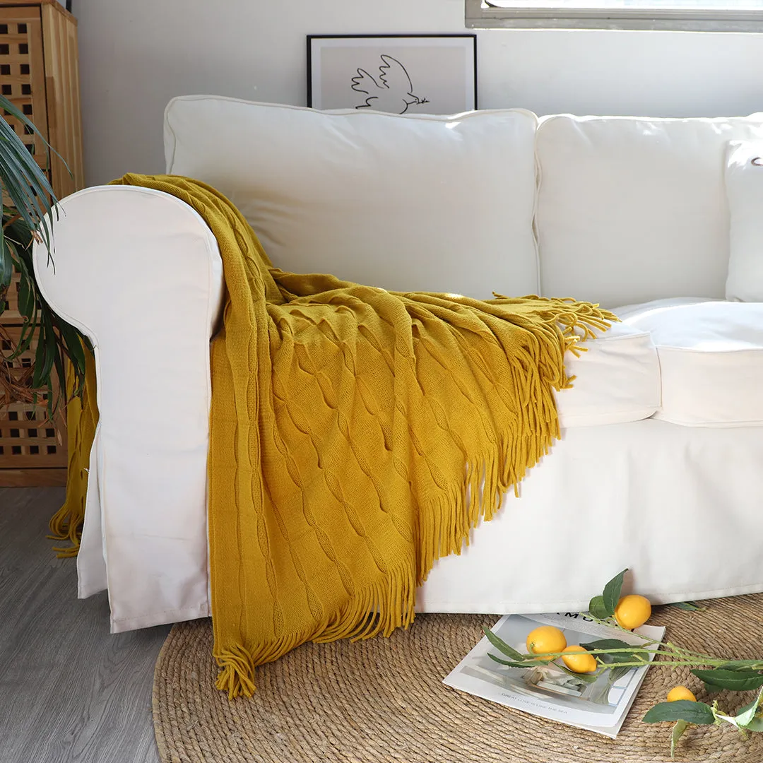 SOGA 2X Mustard Textured Knitted Throw Blanket Warm Cozy Woven Cover Couch Bed Sofa Home Decor with Tassels