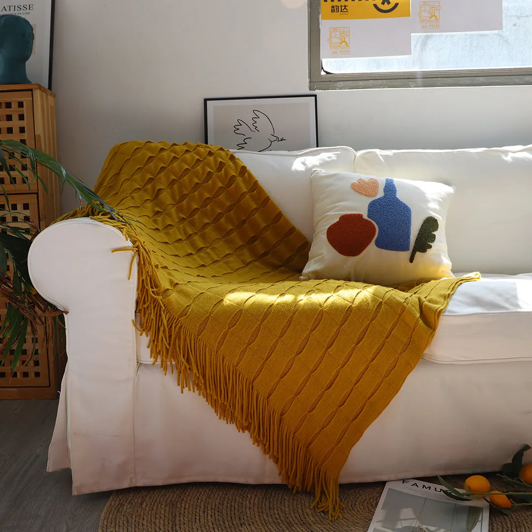 SOGA 2X Mustard Textured Knitted Throw Blanket Warm Cozy Woven Cover Couch Bed Sofa Home Decor with Tassels