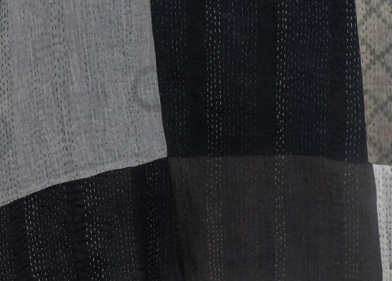 STRIPE AND CHECK COTTON SILK PATCH KANTHA COWL NECK PONCHO - ss4061-blk -