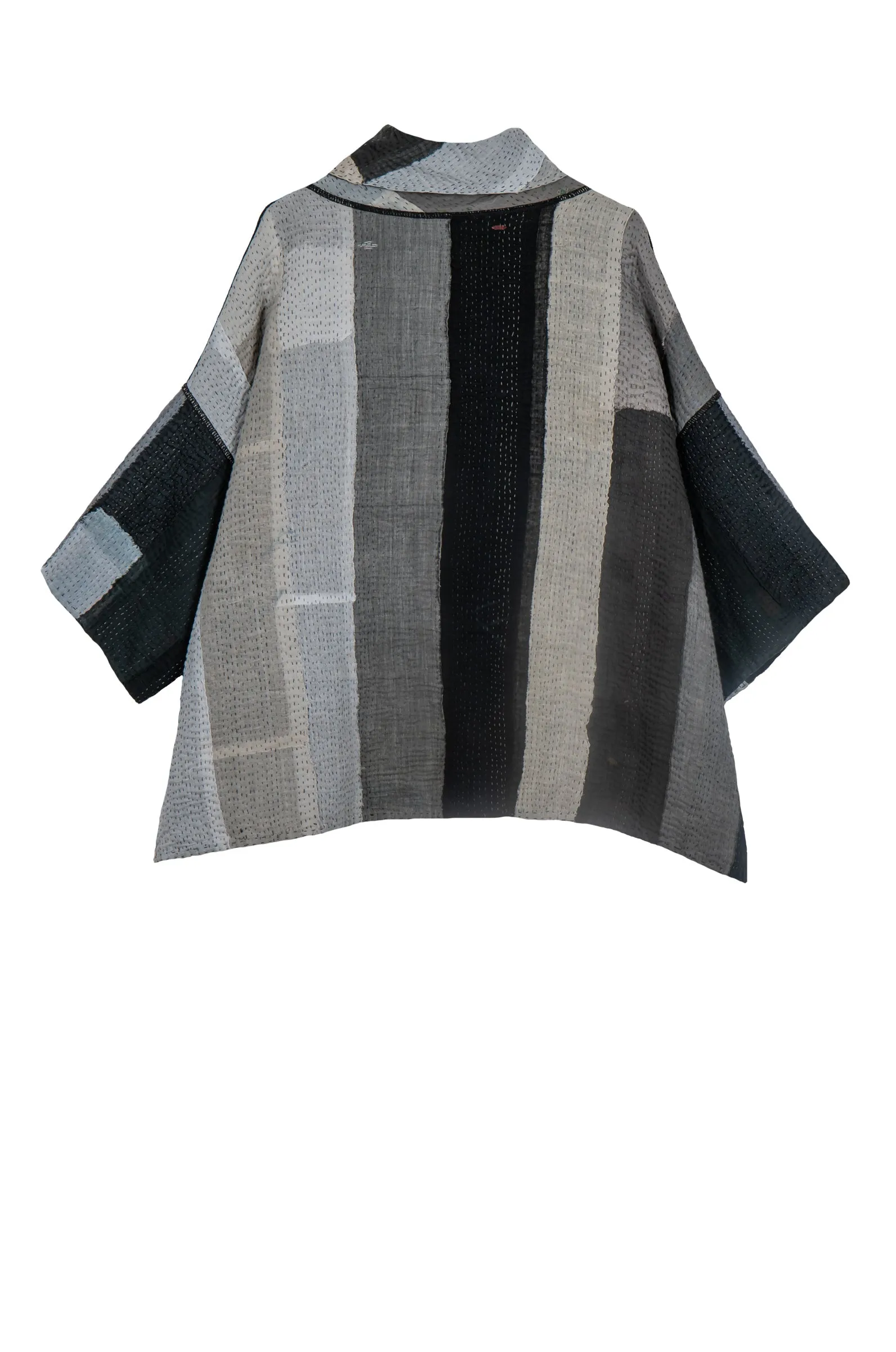 STRIPE AND CHECK COTTON SILK PATCH KANTHA COWL NECK PONCHO - ss4061-blk -
