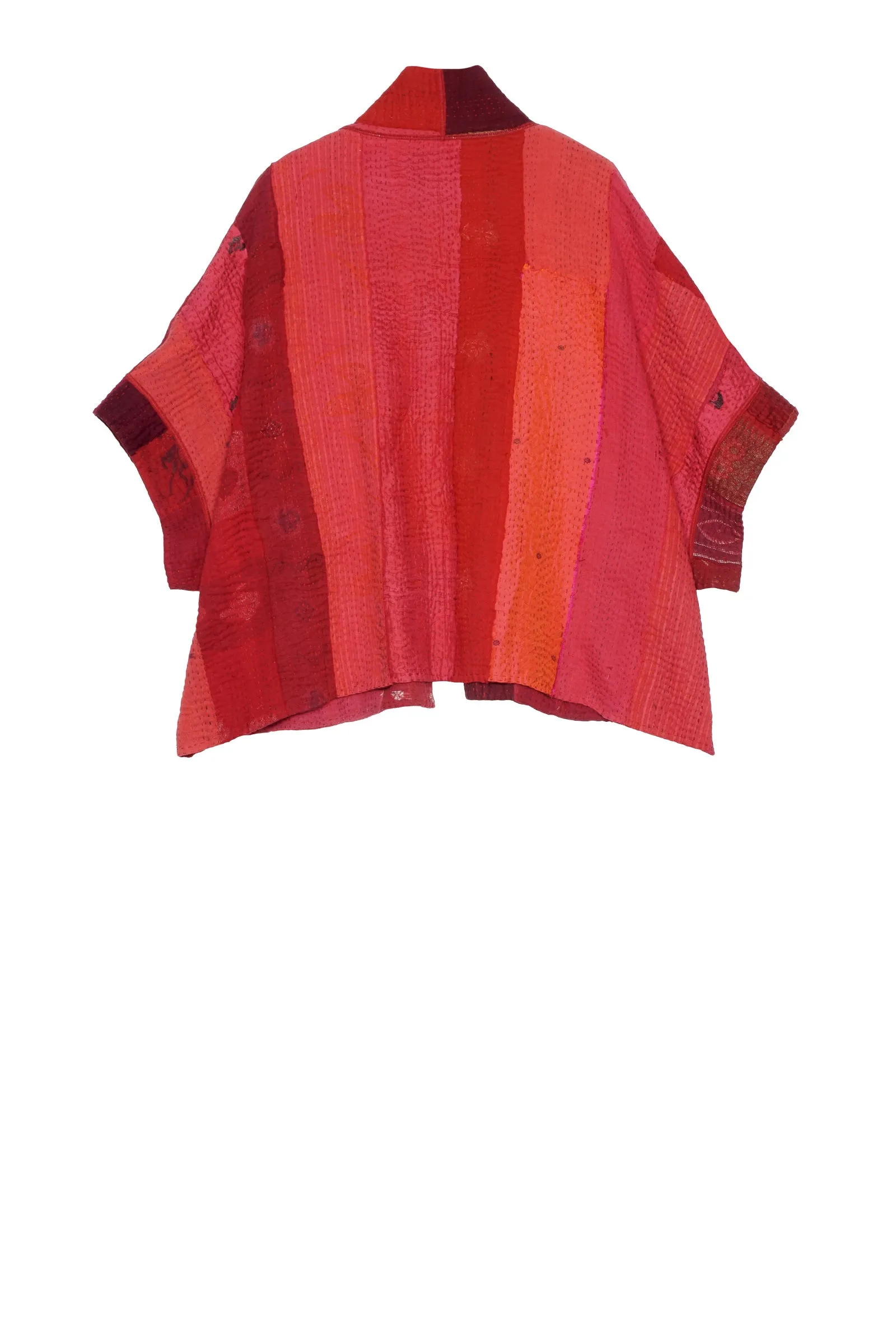 STRIPE AND CHECK COTTON SILK PATCH KANTHA MINI PONCHO - ss4060-red -