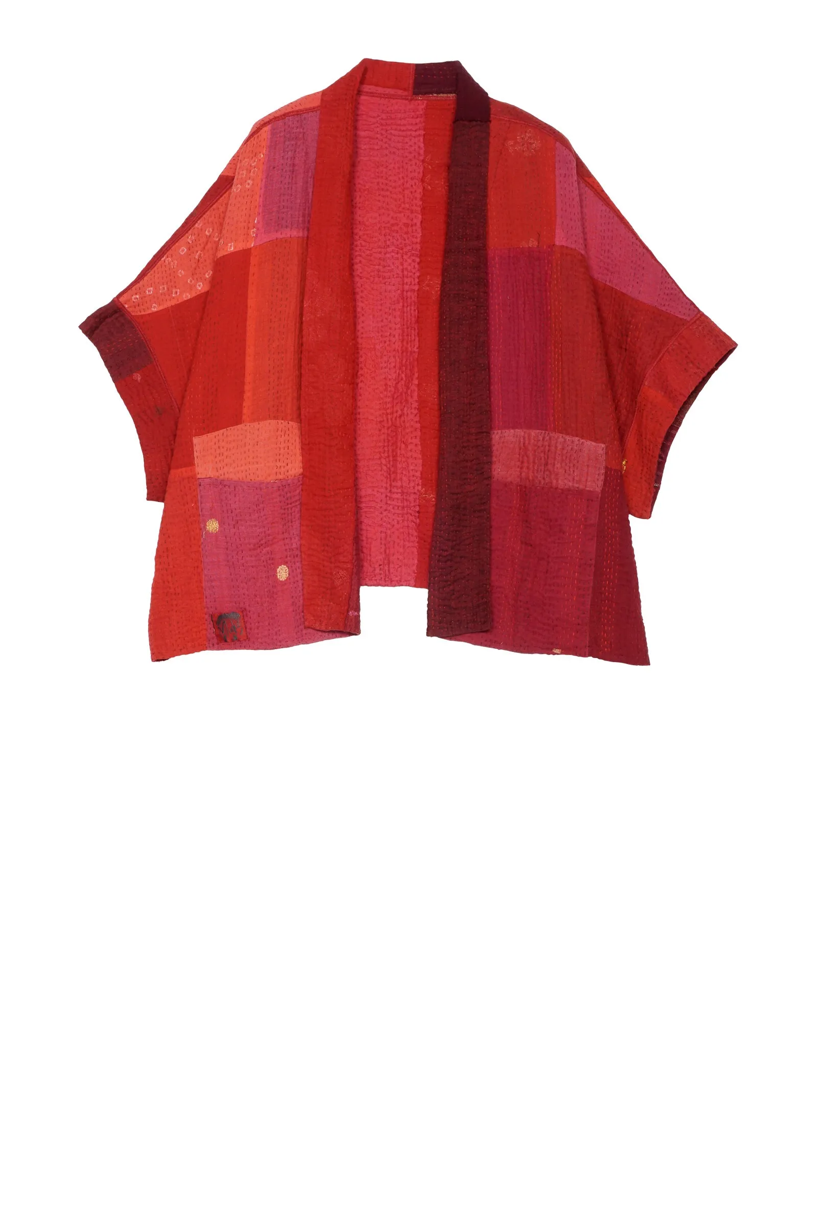 STRIPE AND CHECK COTTON SILK PATCH KANTHA MINI PONCHO - ss4060-red -