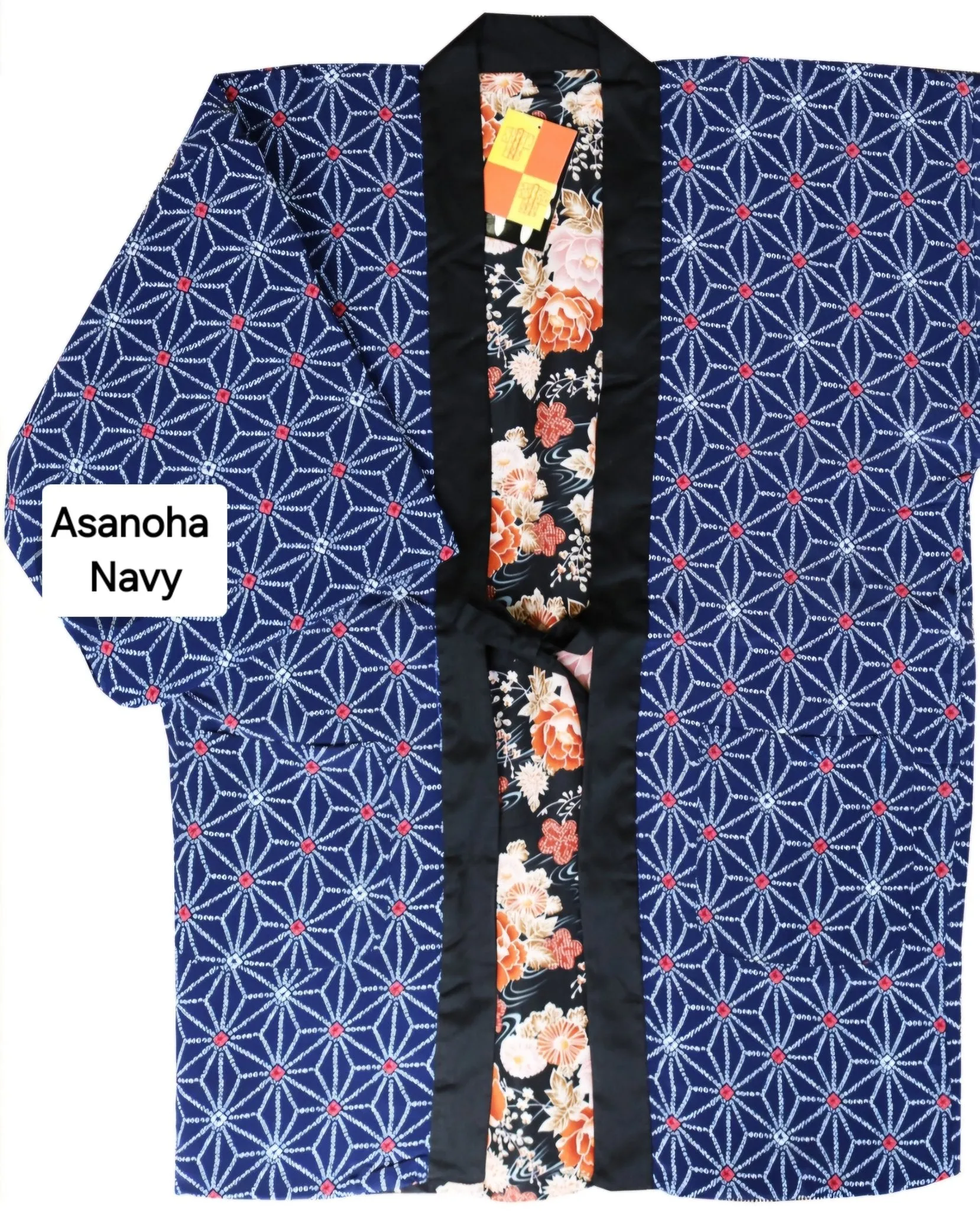 Traditional Japanese reversible Hanten coat - Floral print and blue asanoha print