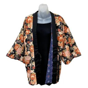 Traditional Japanese reversible Hanten coat - Floral print and blue asanoha print