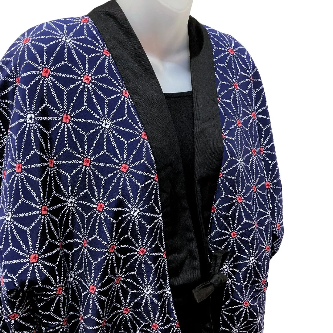 Traditional Japanese reversible Hanten coat - Floral print and blue asanoha print