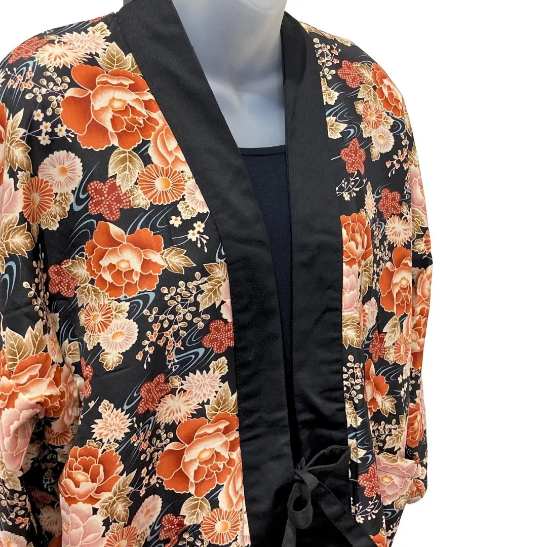 Traditional Japanese reversible Hanten coat - Floral print and blue asanoha print