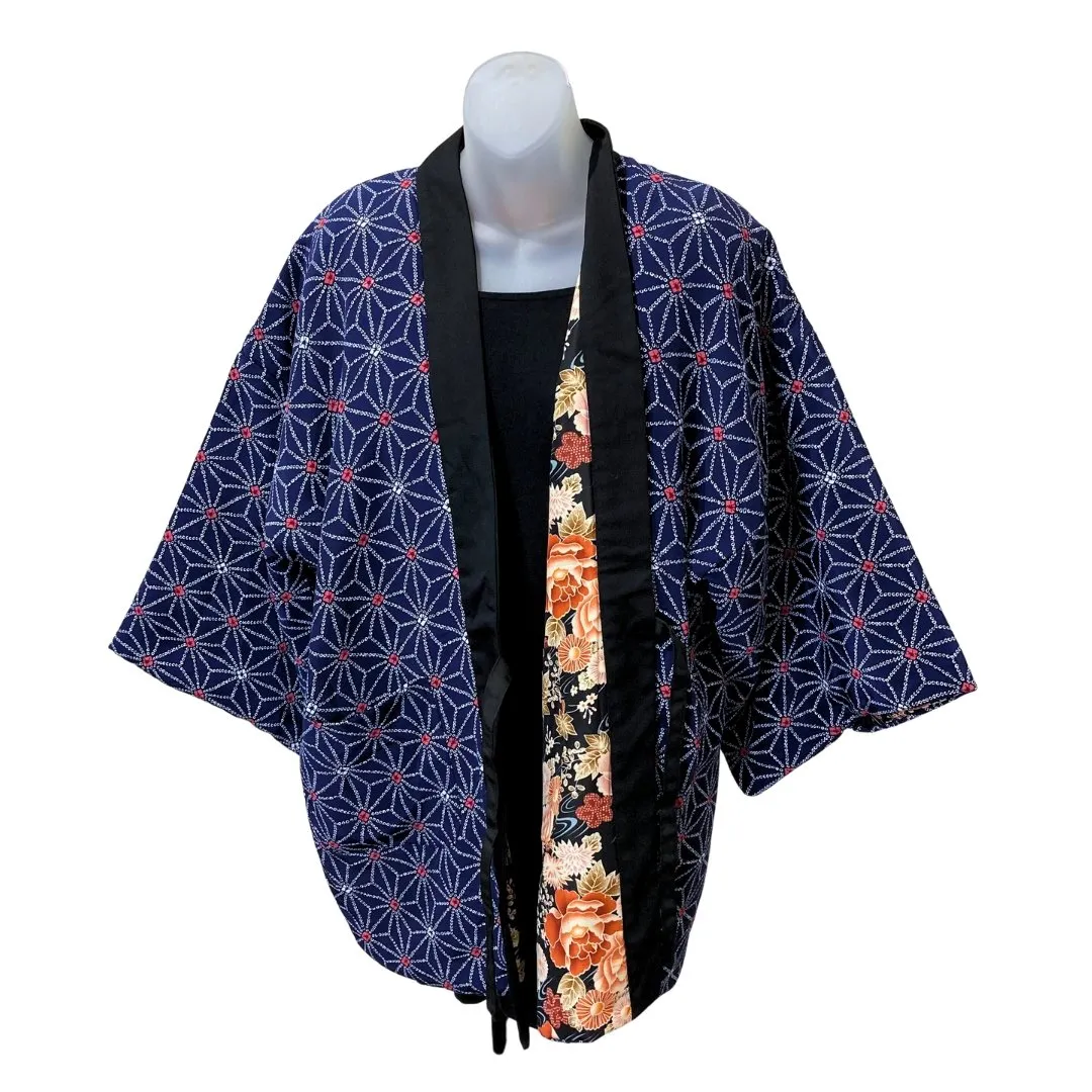 Traditional Japanese reversible Hanten coat - Floral print and blue asanoha print