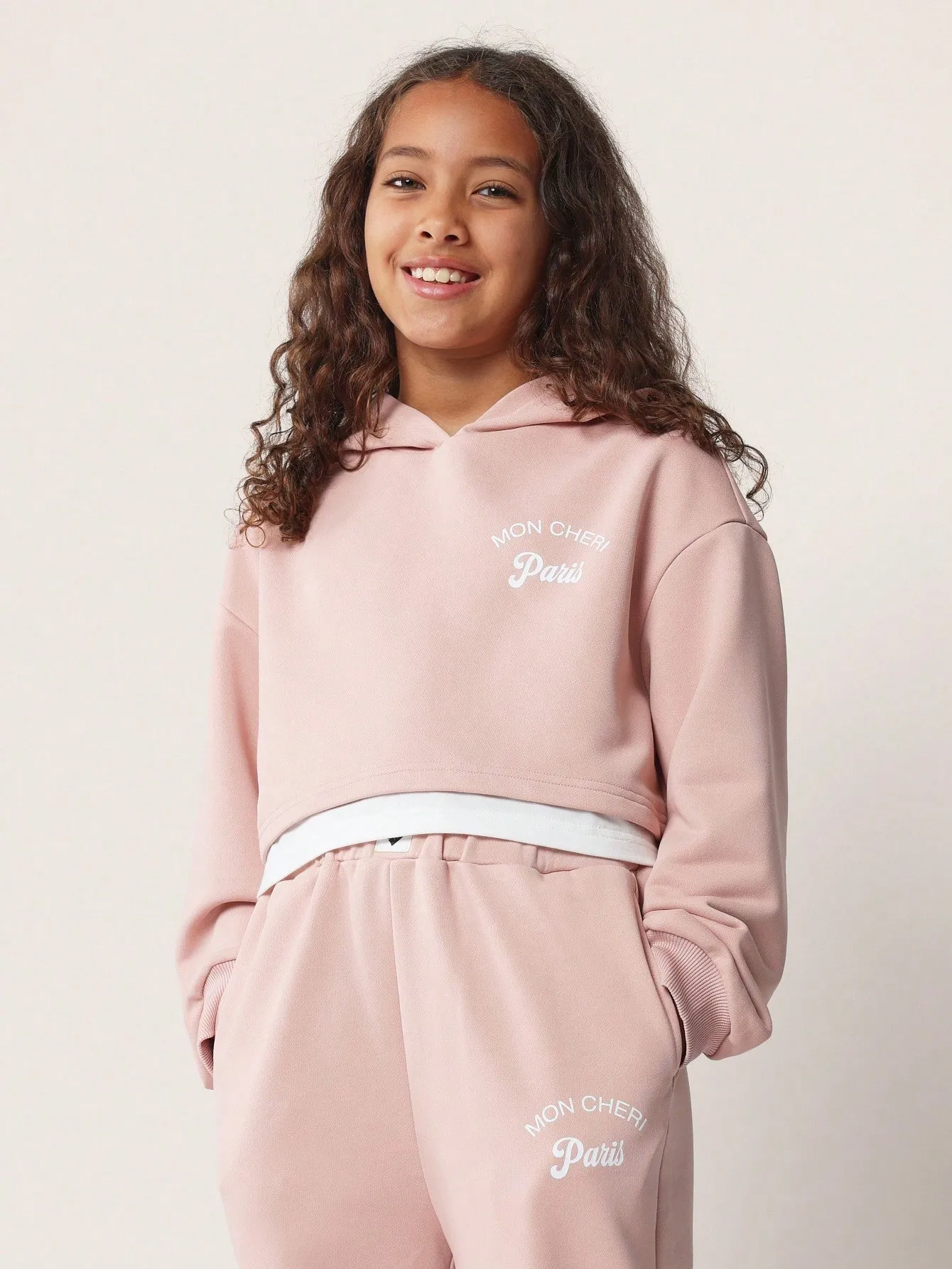 Tween Girls Comfy Cropped Double Layer Overhead Hoodie And Straight Fit Sweatpants With Graphic Print 2 Piece Set