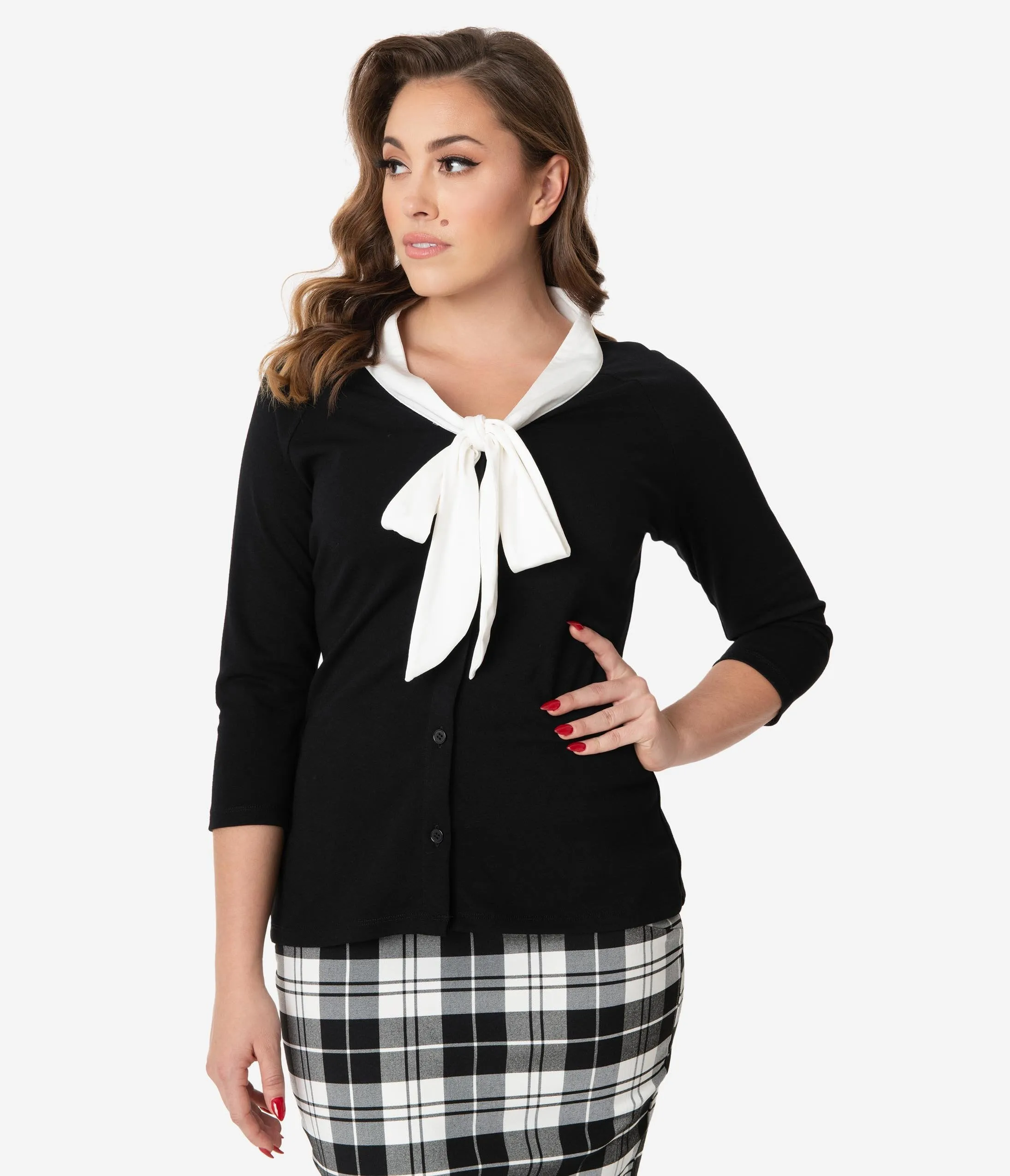 Unique Vintage 1950s Black & White Bow Tie Charlotte Top