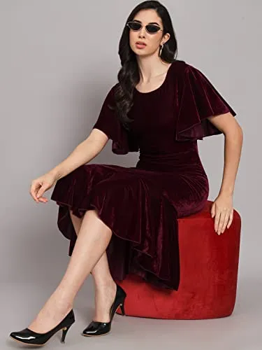 Vaararo Bodycon Party Midi Dress For Women | Shiny Velvet Fabric Fish Cut Ruffle Bottom Detailing Stylish Casual Outfit Wine X-Large