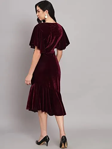 Vaararo Bodycon Party Midi Dress For Women | Shiny Velvet Fabric Fish Cut Ruffle Bottom Detailing Stylish Casual Outfit Wine X-Large