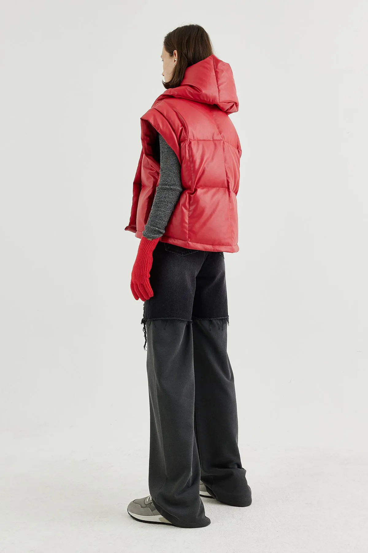 Vegan leather quilted-down hooded gilet