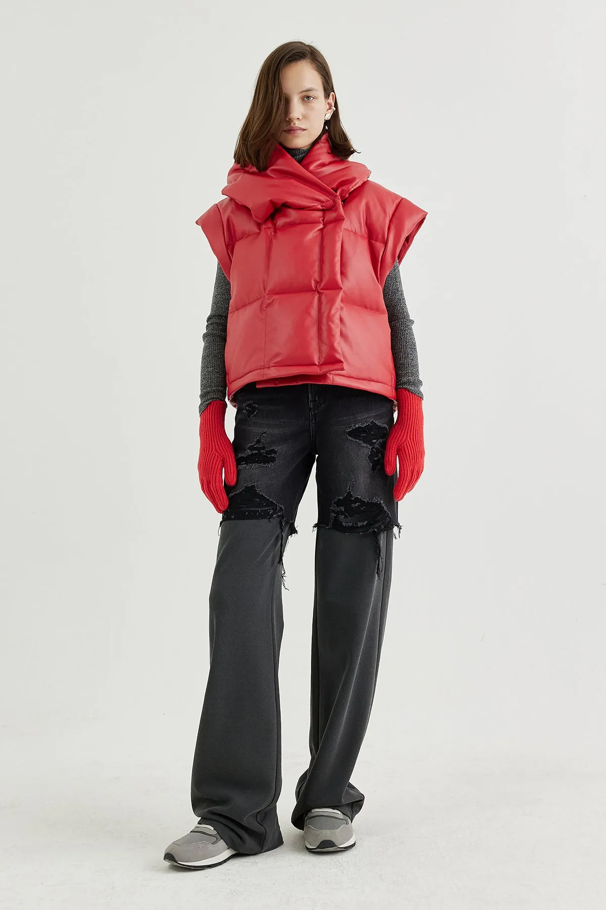 Vegan leather quilted-down hooded gilet