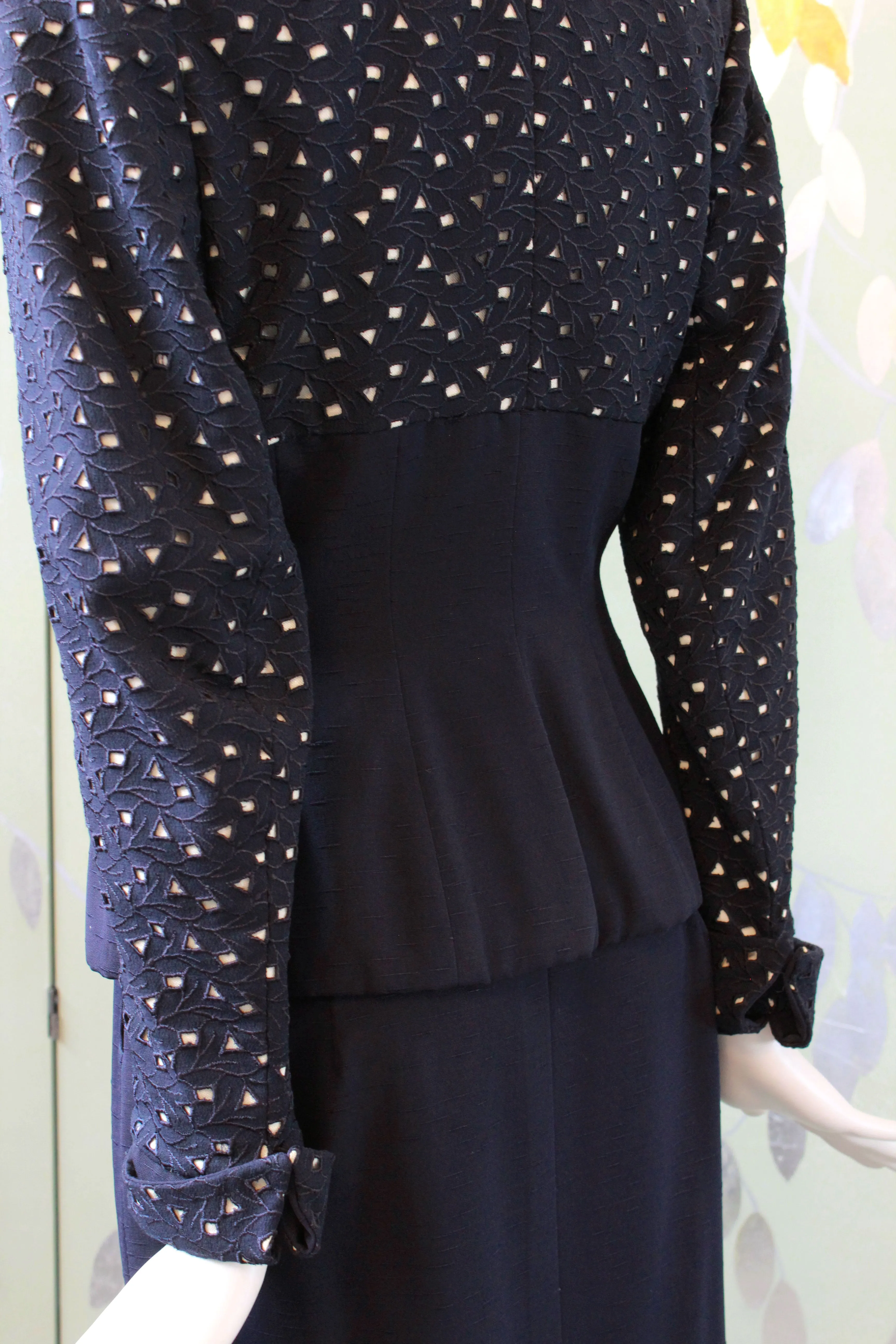 Vintage 1950s Blue Skirt Set With Fitted Eyelet Jacket, Lilli Ann XS