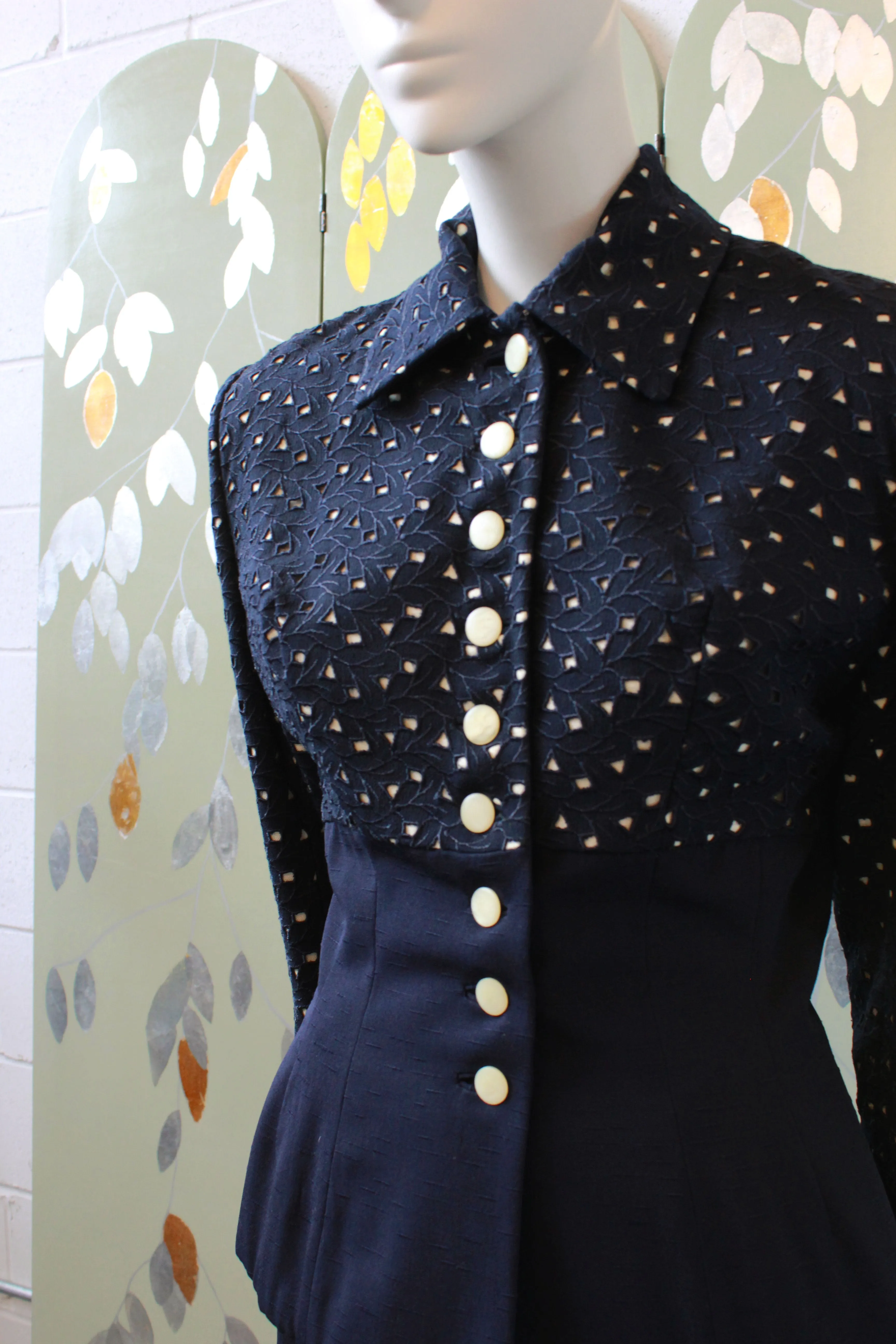 Vintage 1950s Blue Skirt Set With Fitted Eyelet Jacket, Lilli Ann XS