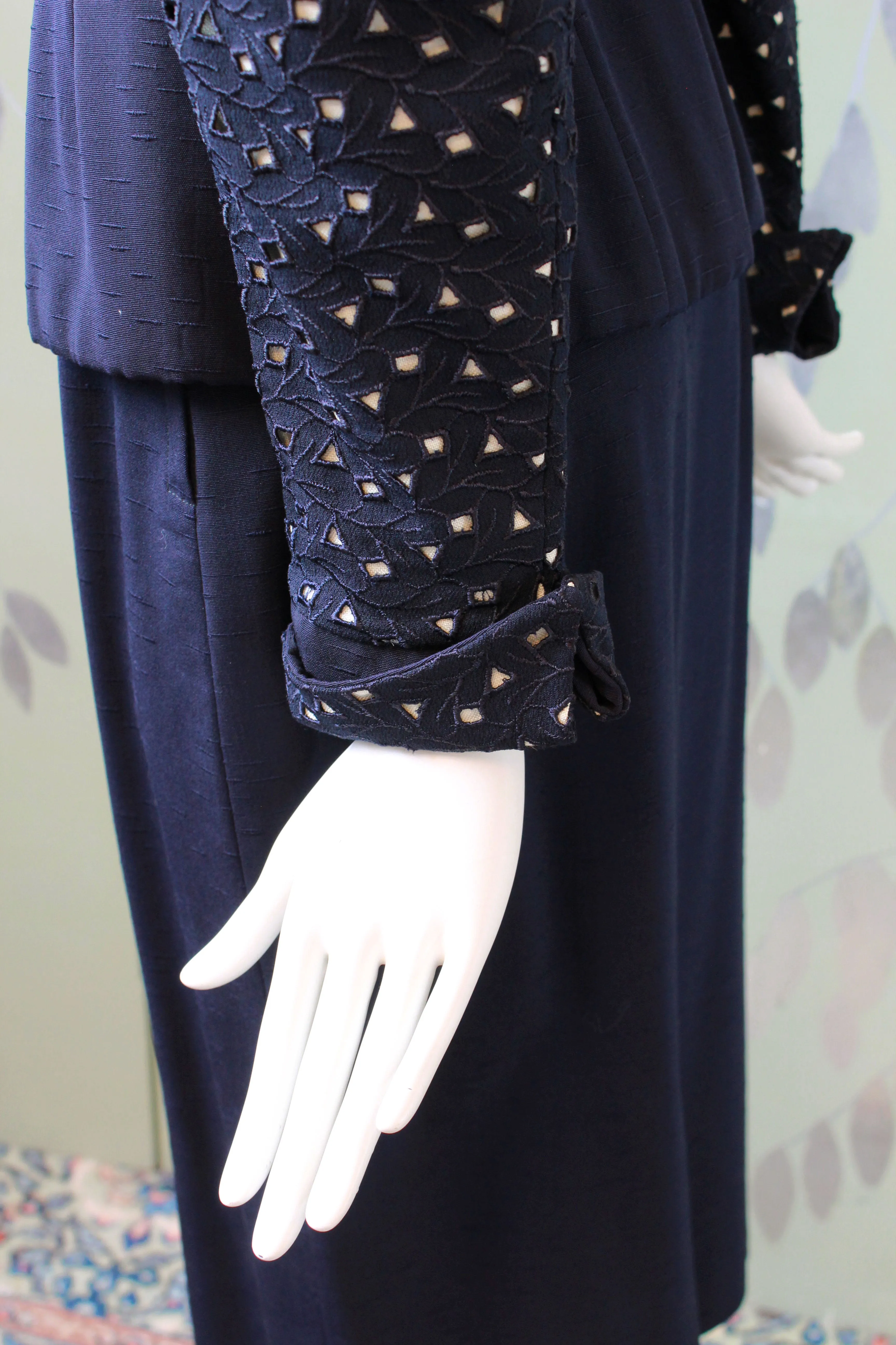 Vintage 1950s Blue Skirt Set With Fitted Eyelet Jacket, Lilli Ann XS