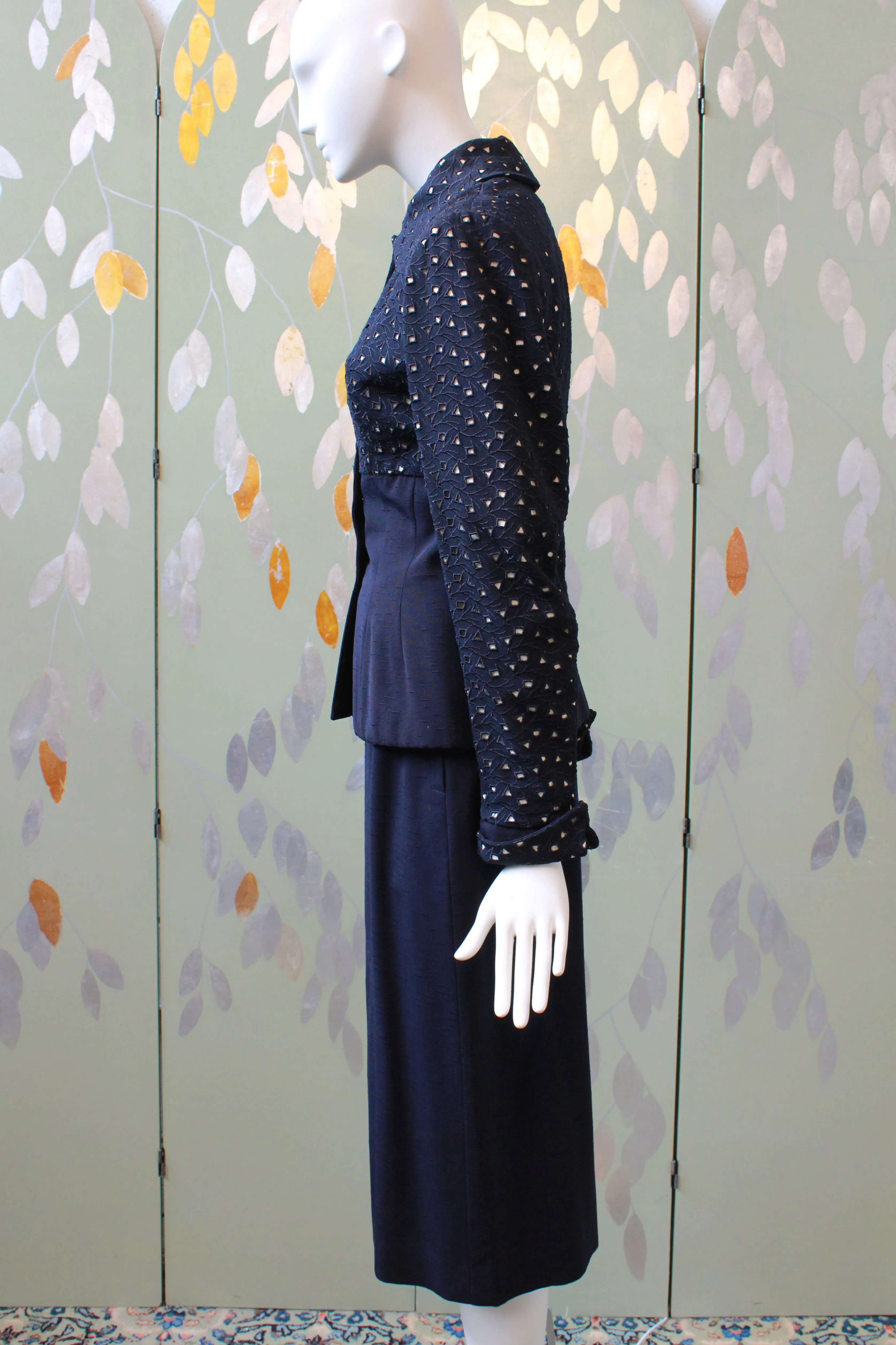 Vintage 1950s Blue Skirt Set With Fitted Eyelet Jacket, Lilli Ann XS
