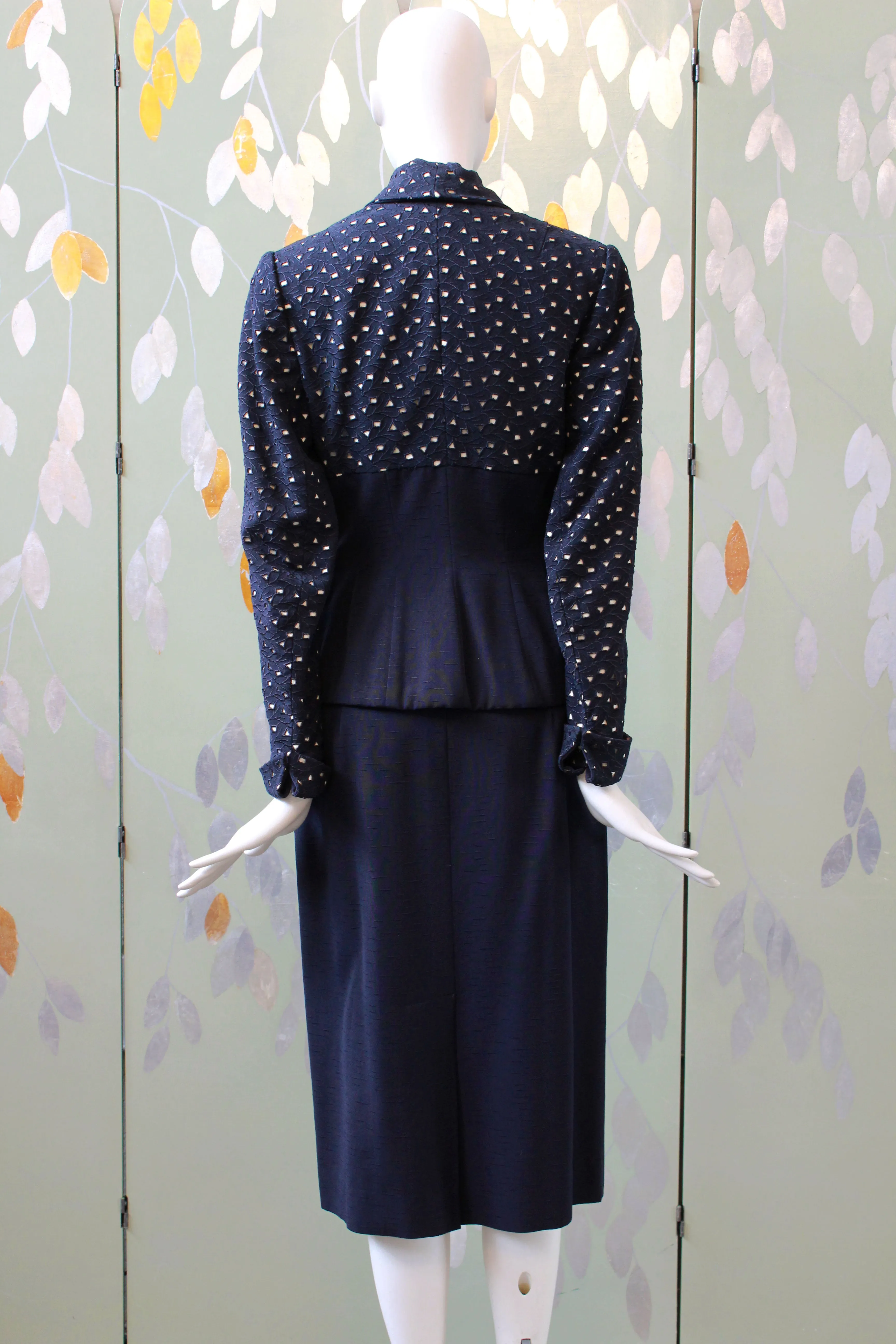 Vintage 1950s Blue Skirt Set With Fitted Eyelet Jacket, Lilli Ann XS