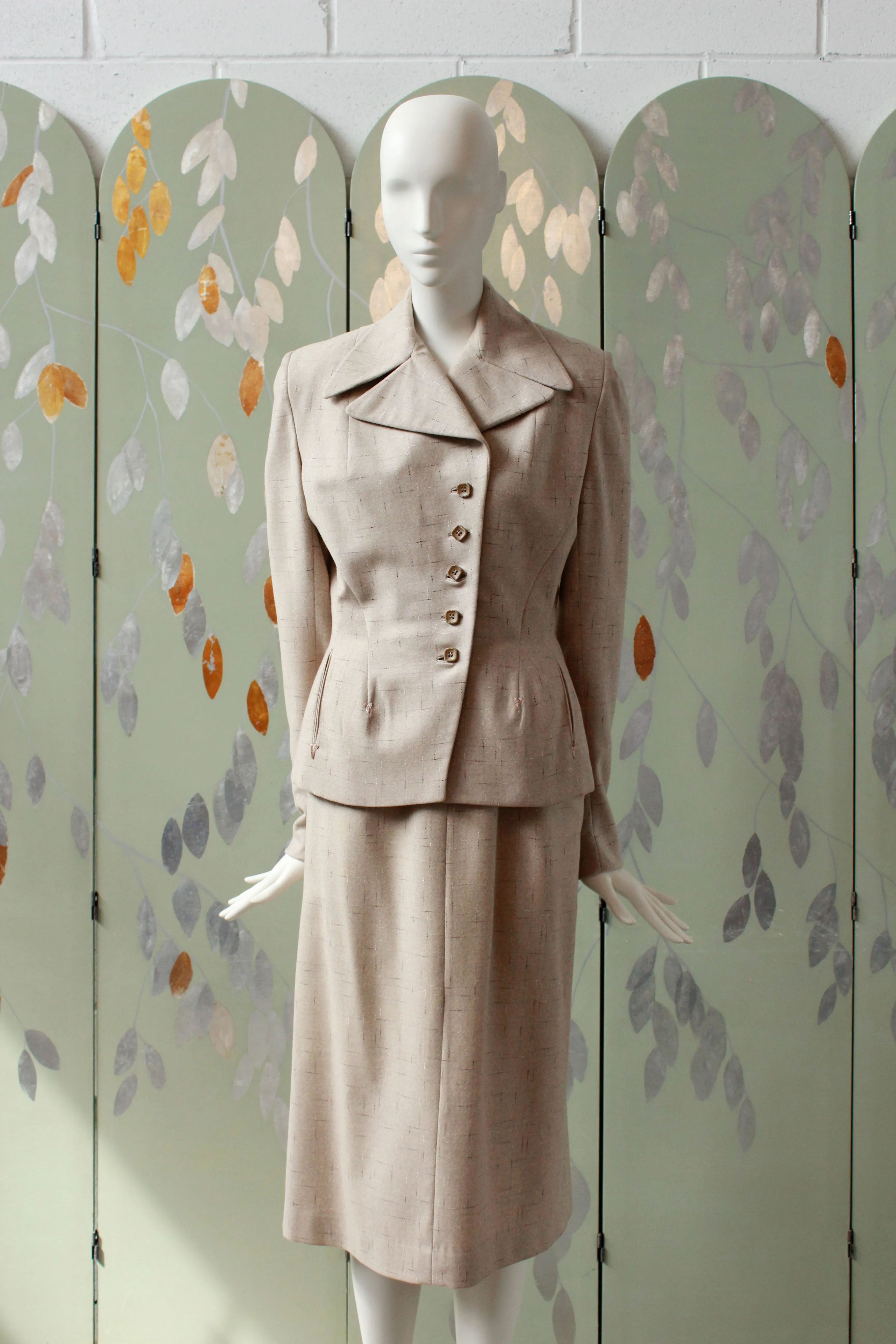 Vintage 1950s Cream Wool Fitted Skirt Suit Set, XS