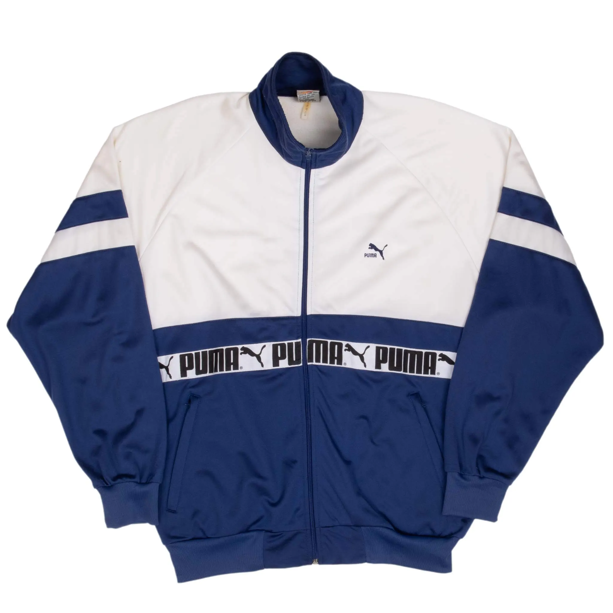VINTAGE PUMA TRACK WHITE & BLUE JACKET 1980S LARGE