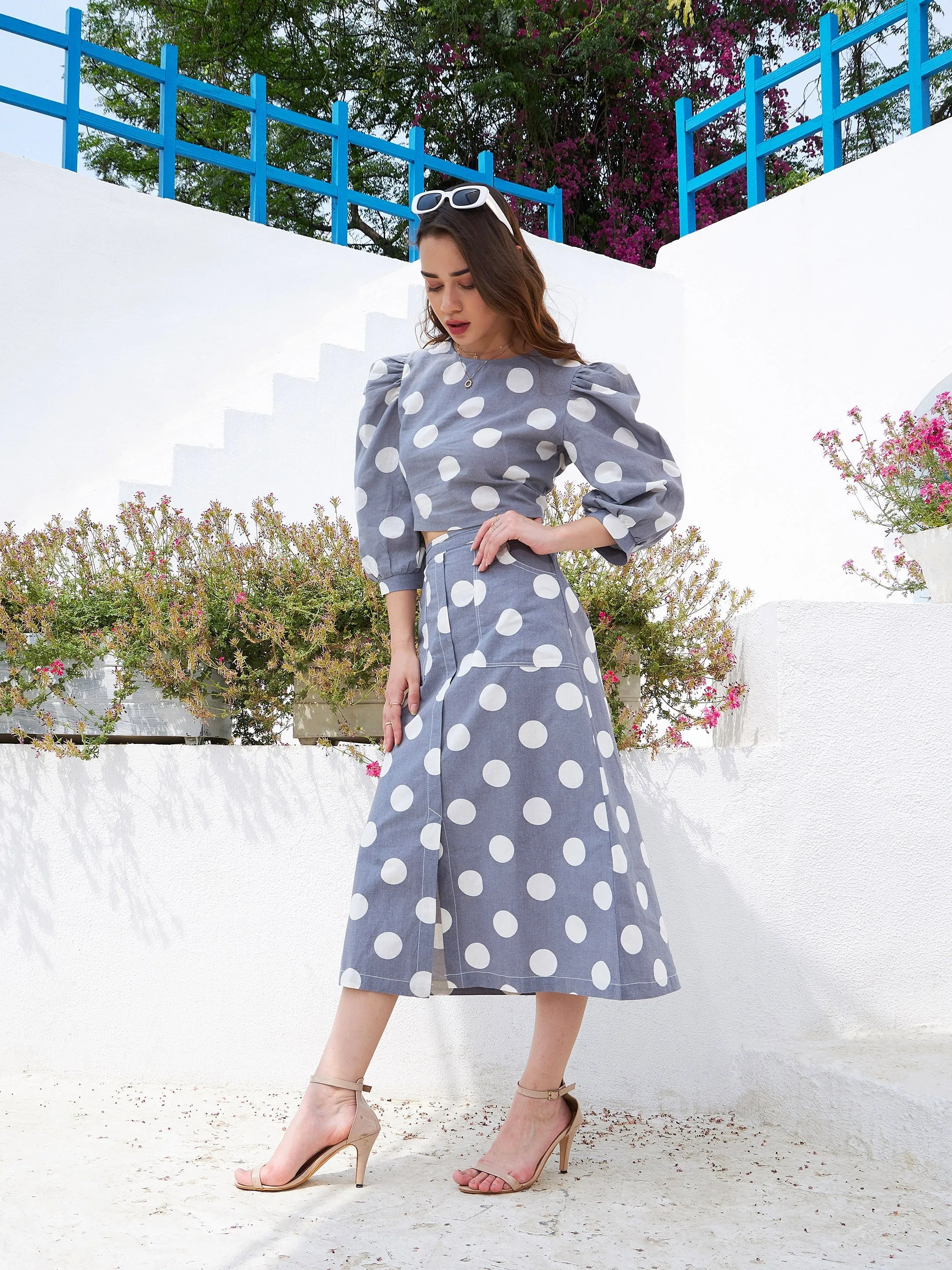 Women Grey & White Polka Crop Top With Midi Skirt