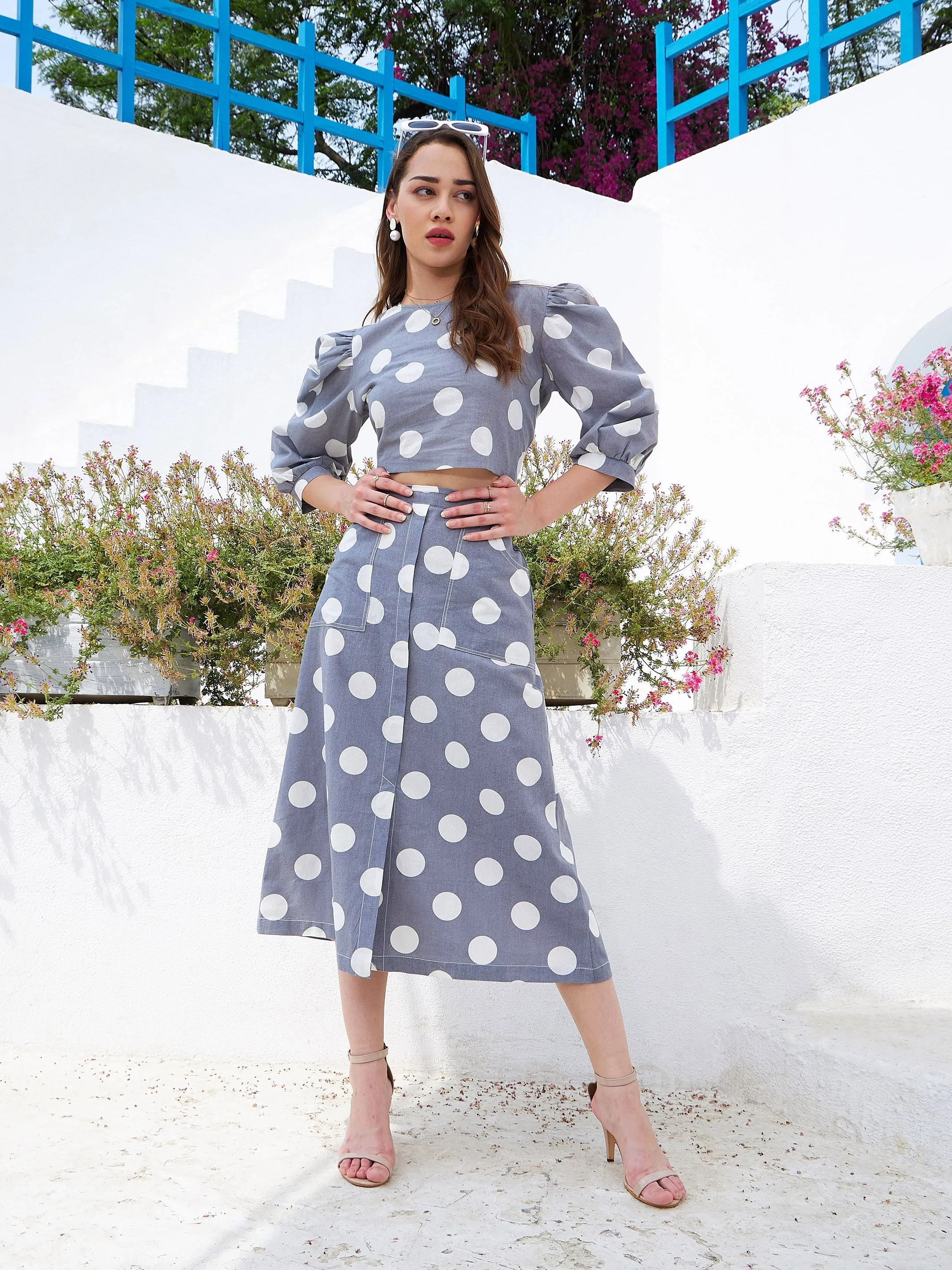 Women Grey & White Polka Crop Top With Midi Skirt