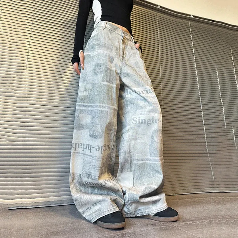 Women's Acid Washed Baggy Newspaper Print Jeans