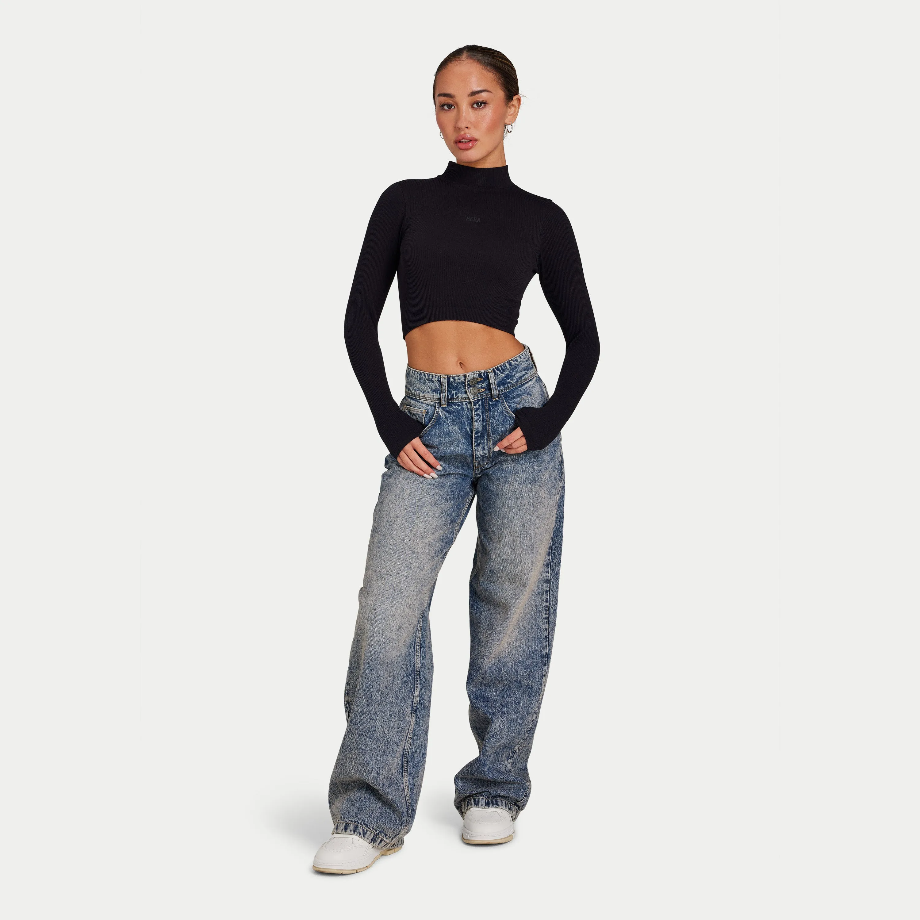 Womens Ribbed Base Long Sleeve Crop - Black