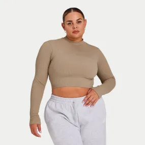 Womens Ribbed Base Long Sleeve Crop - Grey Green