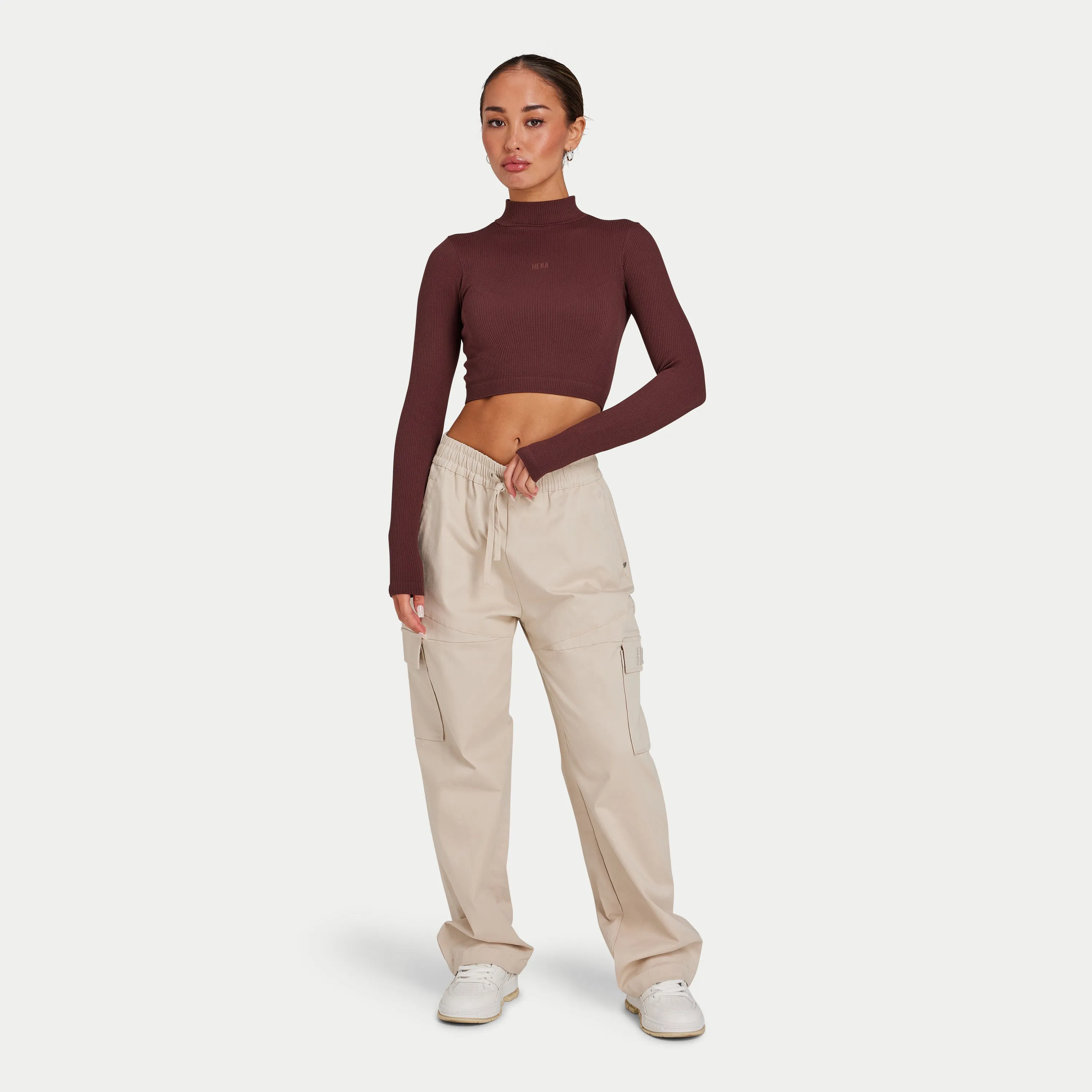Womens Ribbed Base Long Sleeve Crop - Mahogany Brown