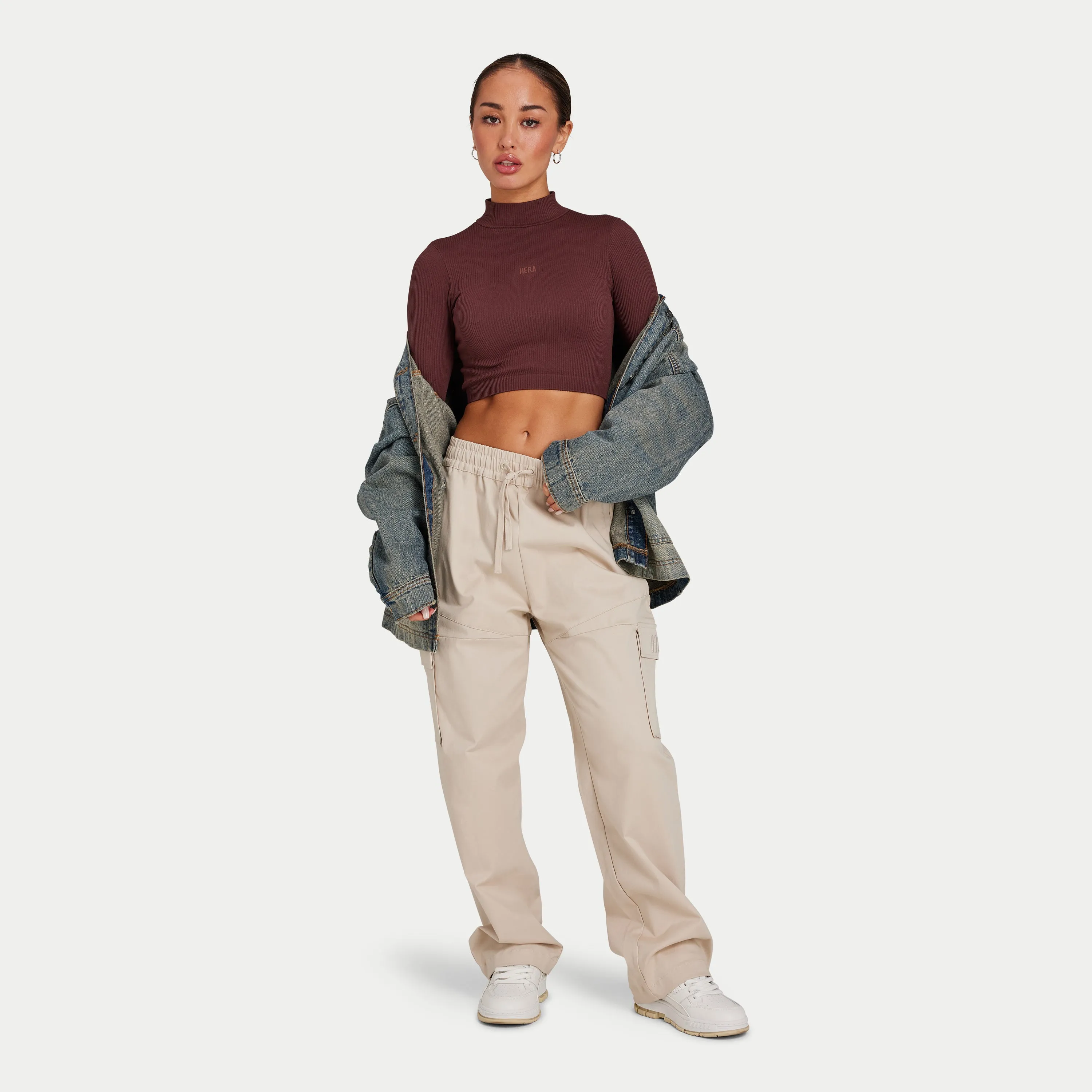 Womens Ribbed Base Long Sleeve Crop - Mahogany Brown