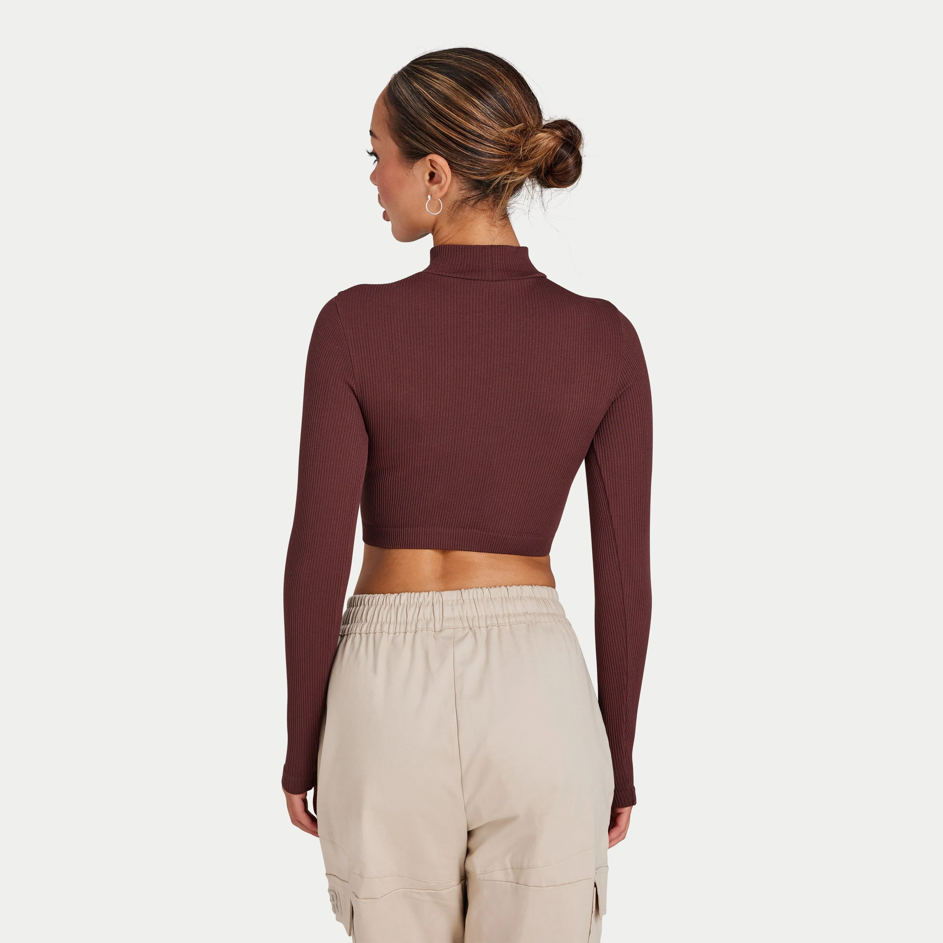 Womens Ribbed Base Long Sleeve Crop - Mahogany Brown