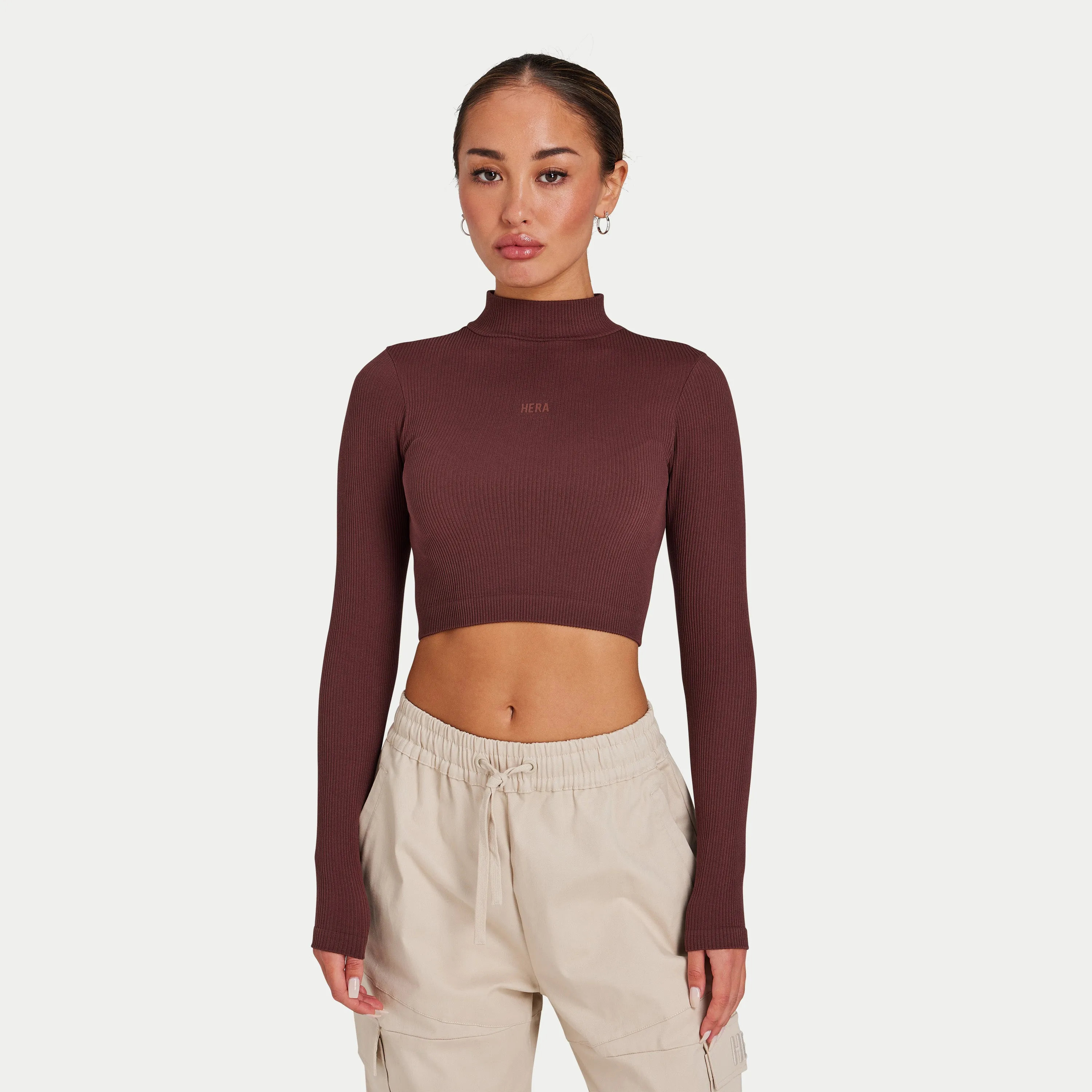 Womens Ribbed Base Long Sleeve Crop - Mahogany Brown