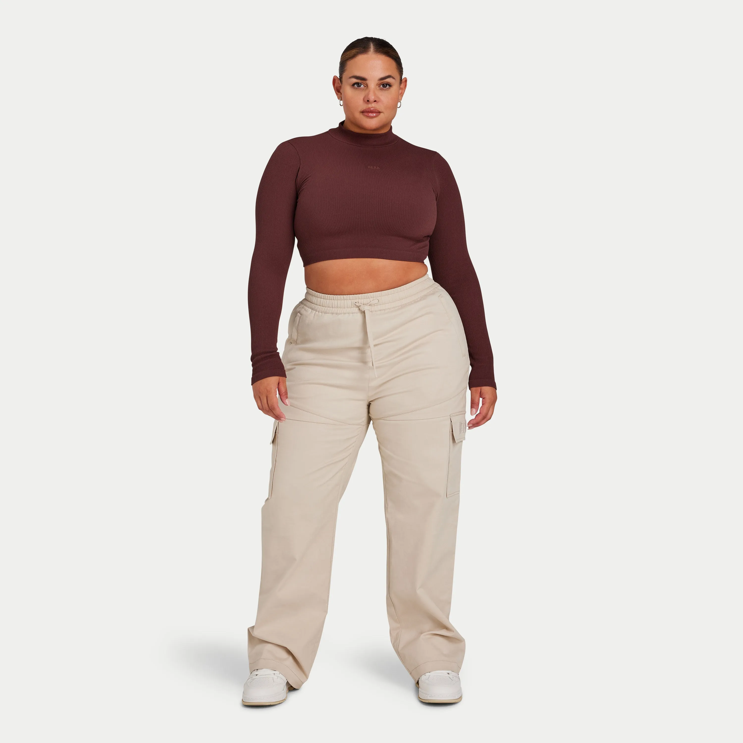Womens Ribbed Base Long Sleeve Crop - Mahogany Brown