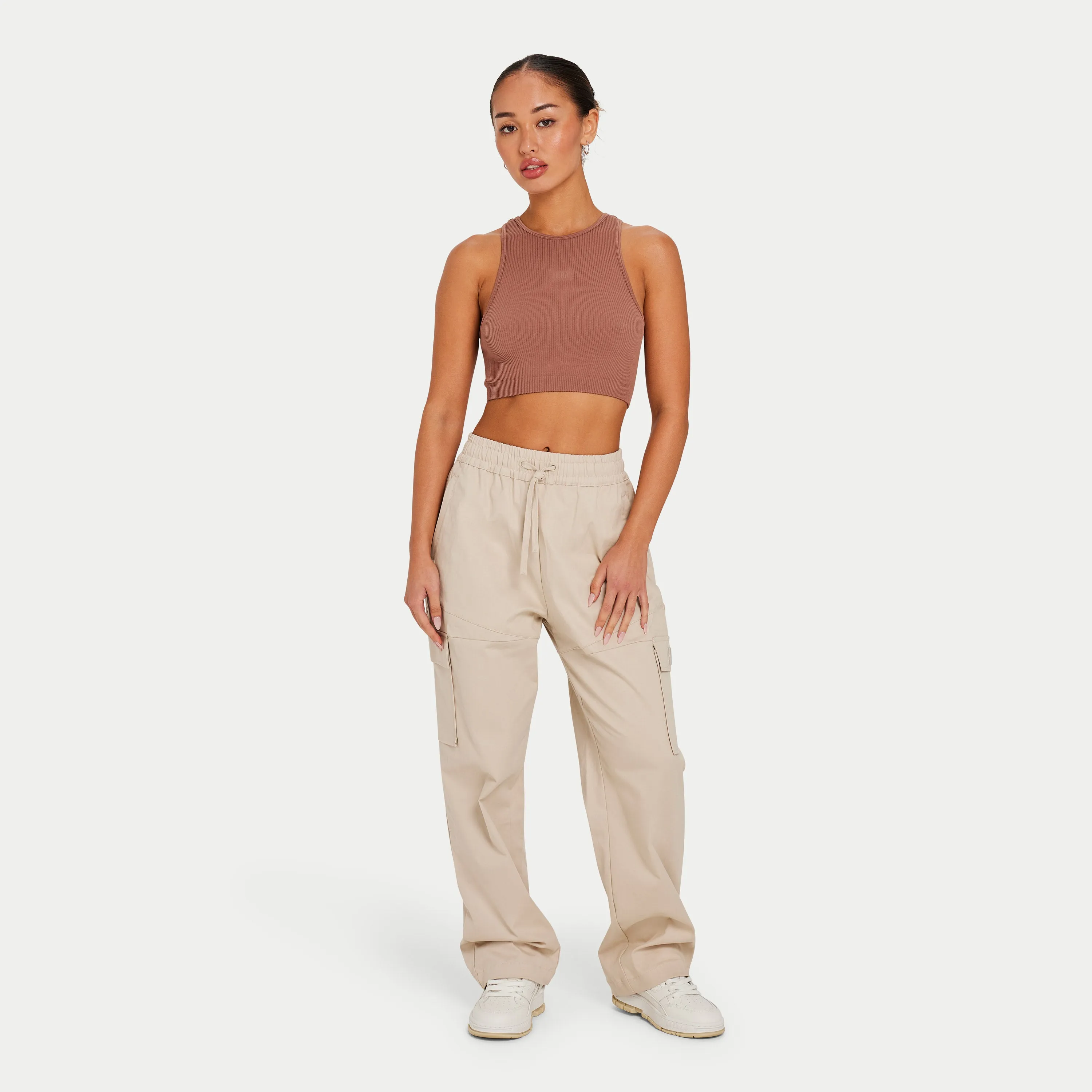 Womens Ribbed Base Racer Crop Top - Acorn Brown